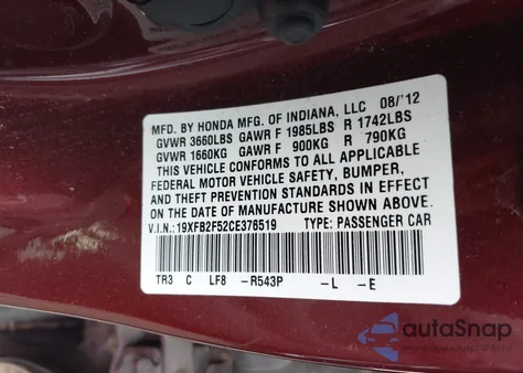 2012 Honda Civic Lx из США, поврежденный, VIN 19XFB2F52CE376519